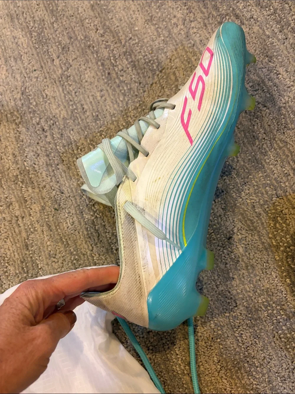adidas Mens F50 Soccer Cleats in White, Pink & Teal Messi